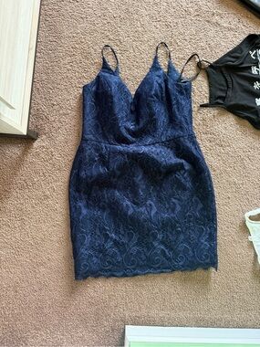 Mi Navy Lace Mini Dress with Spaghetti Straps
